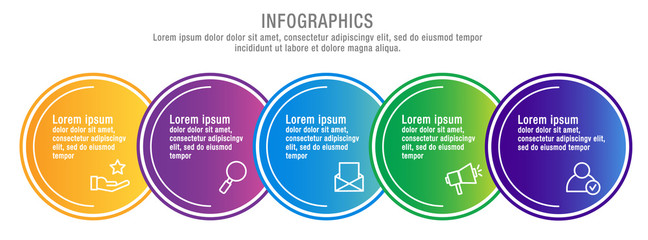 Modern vector illustration. Infographic circles template with five elements, sectors, icons. Designed for business, presentations, web design, interface, workflow layout, diagrams with 5 steps