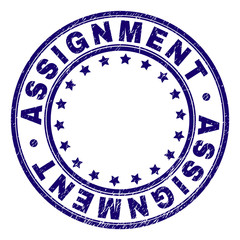 ASSIGNMENT stamp seal imprint with grunge texture. Designed with round shapes and stars. Blue vector rubber print of ASSIGNMENT tag with grunge texture.