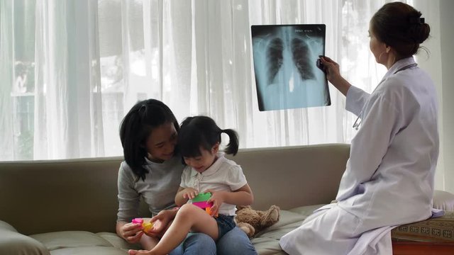 Lockdown of female doctor sitting with x-ray image in her hands and studying it, while woman playing with her daughter on sofa
