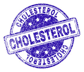 CHOLESTEROL stamp seal imprint with grunge texture. Designed with rounded rectangles and circles. Blue vector rubber print of CHOLESTEROL label with grunge texture.