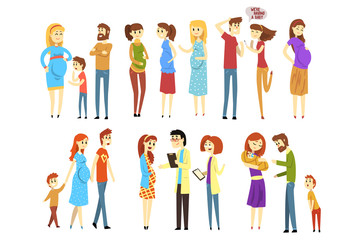 Set of young families. Cartoon people expecting baby born. Pregnant women. Girl at doctor s reception. Mother, father and child. Parenthood. Flat vector design