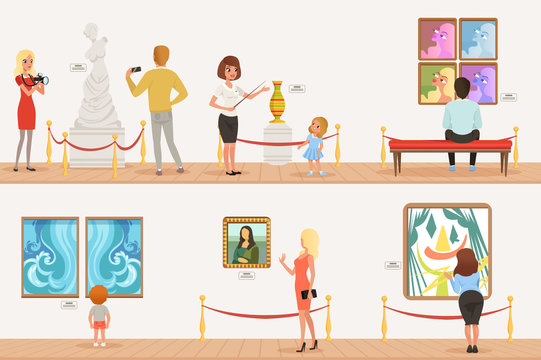Cartoon characters people visitors in art museum. Paintings, butterflies collection and sculptures in the gallery. Cultural activities concept. Vector vertical flat banners