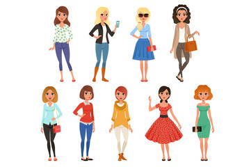 Set of attractive girls in fashionable casual clothes with accessories. Full-length of cartoon female characters with cheerful face expressions. Flat vector design