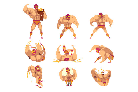 Set of professional muscular wrestler in different actions. Mixed martial artist. Combat sport. Strong man character in mask and sports shorts. Flat vector design