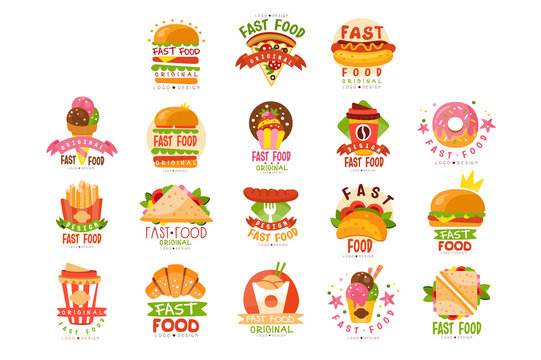 Fast food logos set, food and drink menu, burger, hot dog, pizza, taco, coffee, donut, sandwich, ice cream cone vector Illustrations