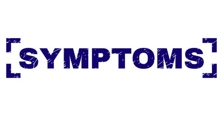 SYMPTOMS tag seal stamp with corroded style. Text tag is placed between corners. Blue vector rubber print of SYMPTOMS with corroded texture.