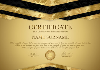Certificate template with geometry frame and gold badge. Luxury gold background design for Diploma, certificate of appreciation or award