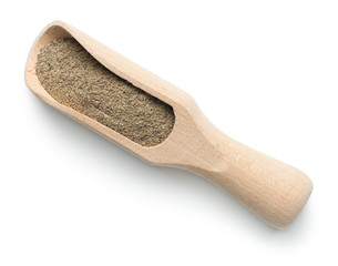 Black Pepper Powder On Wooden Scoop Isolated