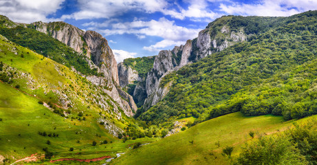 Turda gorge Cheile Turzii is a natural reserve with marked trails for hikes on Hasdate River - obrazy, fototapety, plakaty