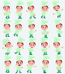 Cartoon character chef. Set with different postures, attitudes and poses, doing different activities in isolated vector illustrations.