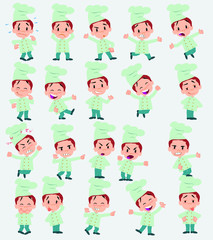 Cartoon character chef. Set with different postures, attitudes and poses, doing different activities in isolated vector illustrations.