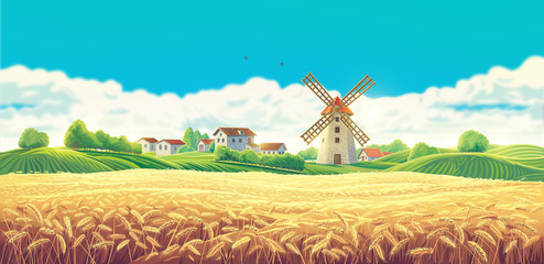 Rural summer landscape with the village and the mill and a large field of wheat. Raster illustration. - obrazy, fototapety, plakaty