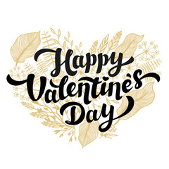 Obraz premium Valentines day card design. Lettering and heart shape gold Flowers wreath.