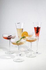 Six easy Champagne cocktails on white background
