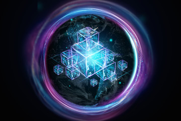 Creative, abstract background, technology blockchain, ultraviolet background. The concept of cryptography, electronic money, Internet protection. Copy space.