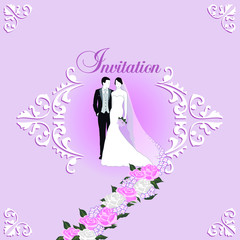 Carte d’invitation pour un mariage dans une harmonie de couleur rose parme. avec couple de mariés au milieu d’un cadre composé de volutes florales.
