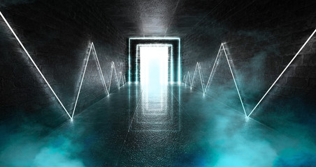 3d render, abstract background, tunnel, neon lights, virtual reality, arch, pink blue, vibrant colors, laser show, isolated on black. Dark room, corridor, tunnel with illumination on an empty concrete