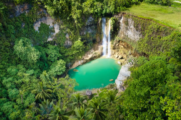 Waterfalls in a mountain gorge in the tropical jungles of the Philippines, Cebu. Aerial view from the drone.