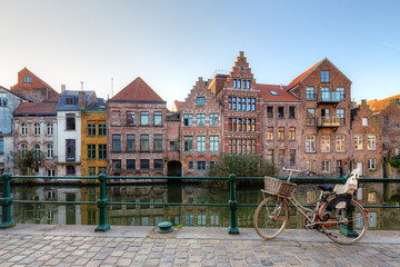 Fototapeta premium Embankment along the Leie river with medieval houses in the city of Ghent, Belgium