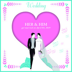 Fototapeta na wymiar Carte d’invitation pour un mariage dans les tons blanc, rose et bleu, illustré d’un couple de mariés, un gros coeur, des plantes et des colombes en décoration.
