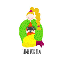 Girl in warm clothes spending autumn or winter weekend at home - drink tea. Hand drawn cute cartoon character. Freehand style. Relaxation and comfort. Card, poster, print on clothes. Vector, eps10