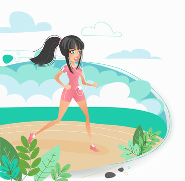 Young woman jogging on a beach beautiful girl running on the beach, healthy lifestyle, sports benefit, vector illustration, running in summer