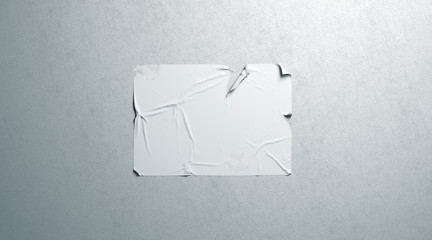 Blank white wheatpaste adhesive tear poster mockup on textured wall, 3d rendering. Empty ragged glue placard mock up. Clear horizontal creased display for signage or print design template.