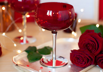 Red glasses for cocktail party. Close up Valentines day concept greeting card