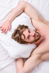 Obraz na płótnie Canvas Bearded man sleeping face relaxing on pillow. Man handsome guy lay in bed. Get adequate and consistent amount of sleep every night. Expert tips on sleeping better. How much sleep you actually need