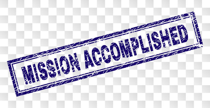MISSION ACCOMPLISHED stamp seal print with rubber print style and double framed rectangle shape. Stamp is placed on a transparent background.
