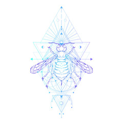 Vector illustration with hand drawn wasp and Sacred geometric symbol on white background. Abstract mystic sign. Colored linear shape.