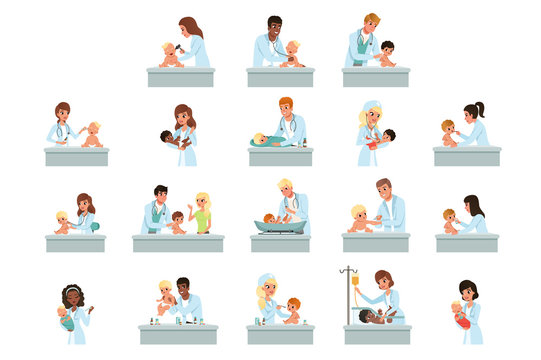 Pediatrician doctors doing medical examination of little kids set, male and female doctors checkup for babies vector Illustrations