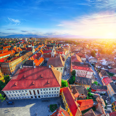 Old Town of Sibiu city seen from cathedral bell tower, view with Huat Square on foreground