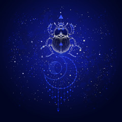 Vector illustration with hand drawn scarab and Sacred geometric symbol against the starry sky. Abstract mystic sign. Linear shape.