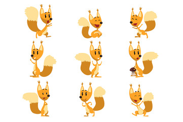 Funny squirrel cartoon character set, cute forest animal with different actions and emotions vector Illustrations