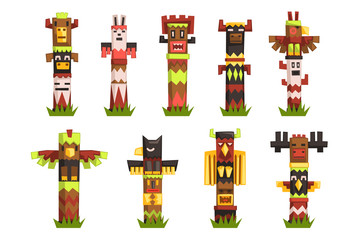 Traditional religious Totem Poles set, native culture tribal symbol, carved idol masks vector Illustrations