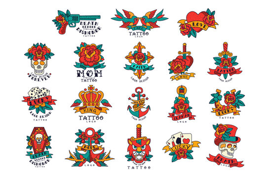 Colorfull tattoos in vintage style set of vector Illustrations