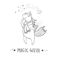 Vector illustration of hand drawn cute unicorn in scarf with shooting star, magic wand and text в - MAGIC WISH on withe background.