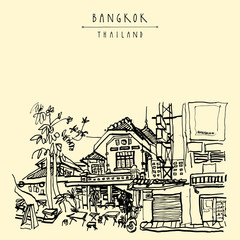Obraz premium Bangkok, Thailand, Asia. Old houses in Khao San Road touristic area. Travel sketch. Vintage hand drawn touristic postcard
