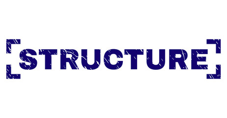 STRUCTURE tag seal print with grunge style. Text tag is placed inside corners. Blue vector rubber print of STRUCTURE with retro texture.