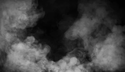 Keuken spatwand met foto Abstracte rook mistige mist op geïsoleerde zwarte achtergrond. Textuuroverlays. Ontwerpelement. © Victor
