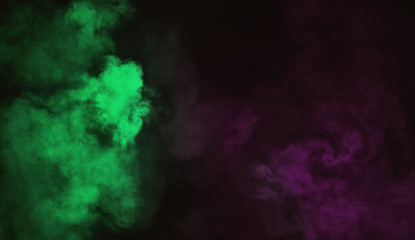 Fototapeta na wymiar Duotone green vs purple smoke on background. Misty texture effect
