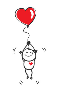 Love.  Funny little man flying on a balloon in the shape of a heart, vector illustration.