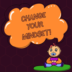 Text sign showing Change Your Mindset. Conceptual photo fixed mental attitude or disposition demonstrating responses Baby Sitting on Rug with Pacifier Book and Blank Color Cloud Speech Bubble