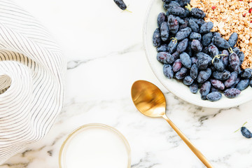Fresh ripe honeysuckle berries and muesli in a ceramic bowl and cup of milk on a grey marble table....