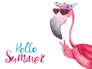 Watercolor flamingo in sunglasses and floral wreath. Hello Summer greeting card - obrazy, fototapety, plakaty