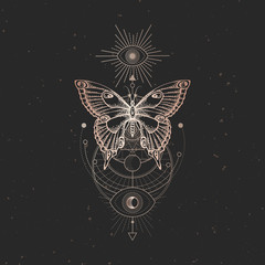 Vector illustration with hand drawn butterfly and Sacred geometric symbol on black vintage background. Abstract mystic sign.