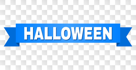 HALLOWEEN text on a ribbon. Designed with white caption and blue tape. Vector banner with HALLOWEEN tag on a transparent background.