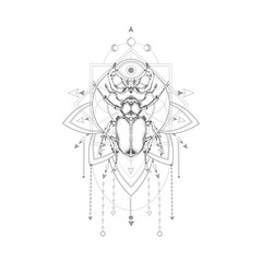 Vector illustration with hand drawn stag beetle and Sacred geometric symbol on white background. Abstract mystic sign. Black linear shape.