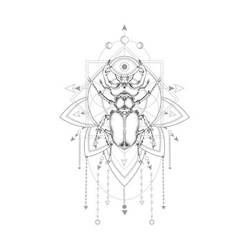 Vector illustration with hand drawn stag beetle and Sacred geometric symbol on white background. Abstract mystic sign. Black linear shape.